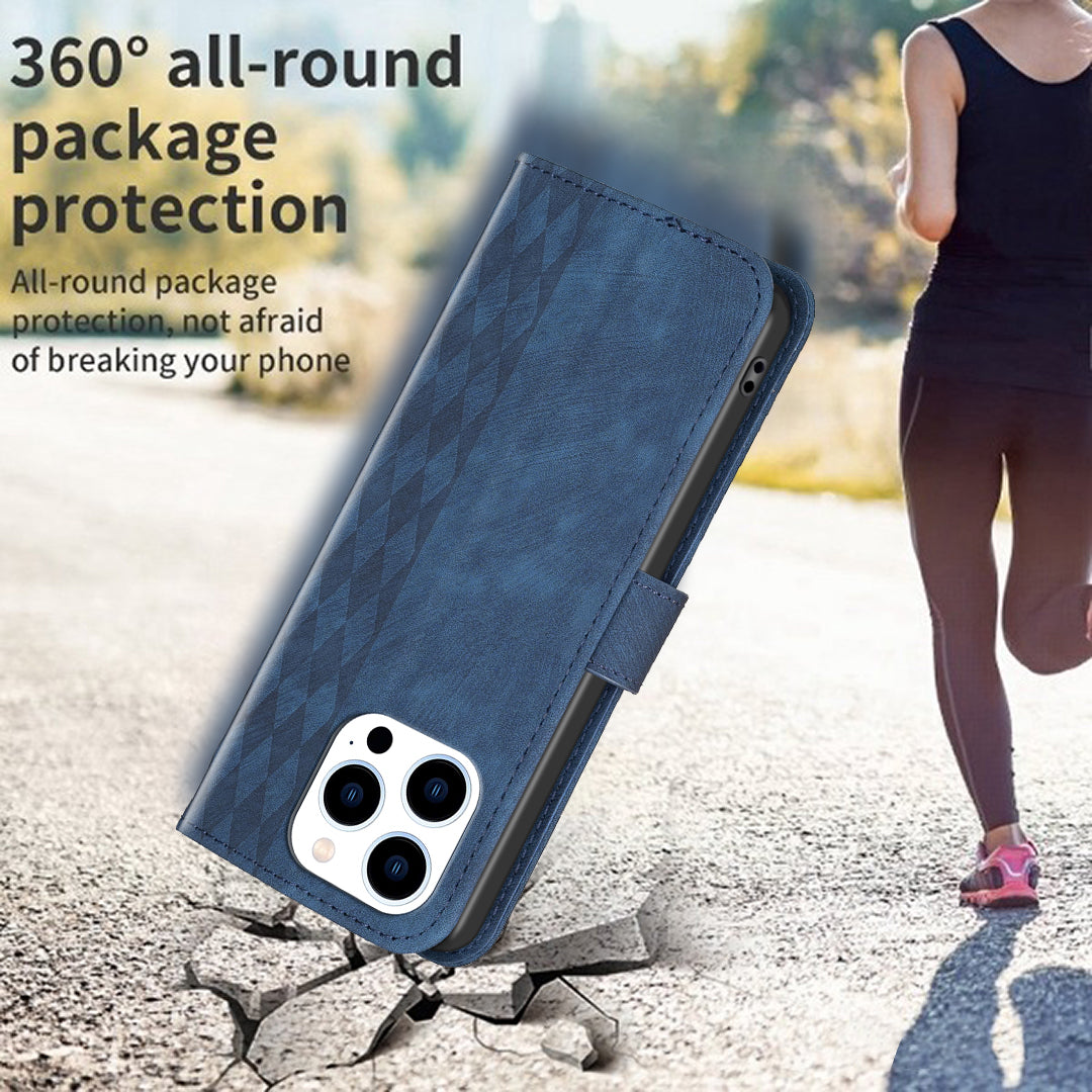 Uniqkart for iPhone 15 Pro Mobile Phone Stand Case Wallet Imprinted Rhombus PU Leather Anti-drop Phone Cover - Blue Uniqkart for iPhone 15 Pro Mobile Phone Stand Case Wallet Imprinted Rhombus PU Leather Anti-drop Phone Cover - Blue